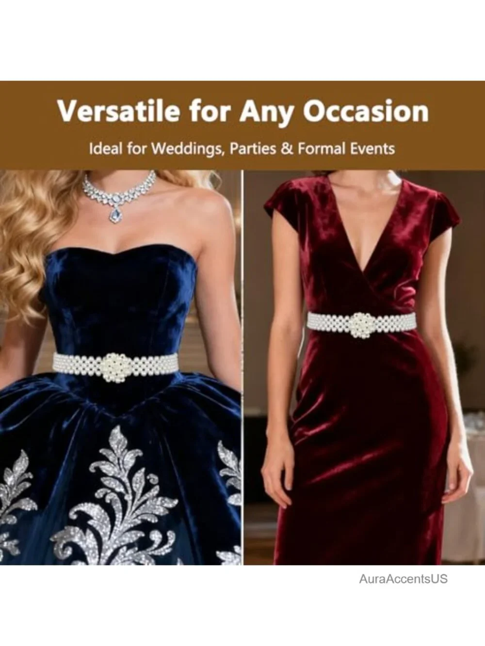 Beaded Pearl Waist Chain Belt with Rhinestones Stretchy Dress Belt
